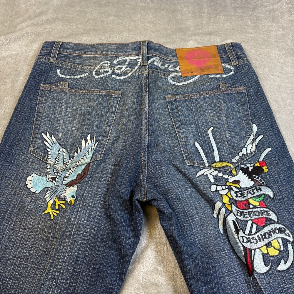 Vintage Ed Hardy Jeans Mens 40x35 Blue 2008 Denim Embroidered Tattoo Y2k Baggy